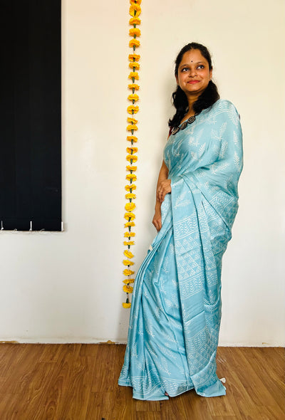 NEELAM: HANDBLOCK BAGRU PRINTED ICE BLUE MODAL SILK SAREE