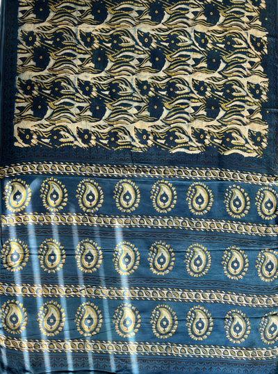 NAINA: HANDBLOCK BAGRU PRINTED ICE BLUE MODAL SILK SAREE