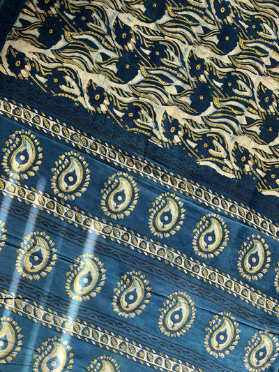 NAINA: HANDBLOCK BAGRU PRINTED ICE BLUE MODAL SILK SAREE