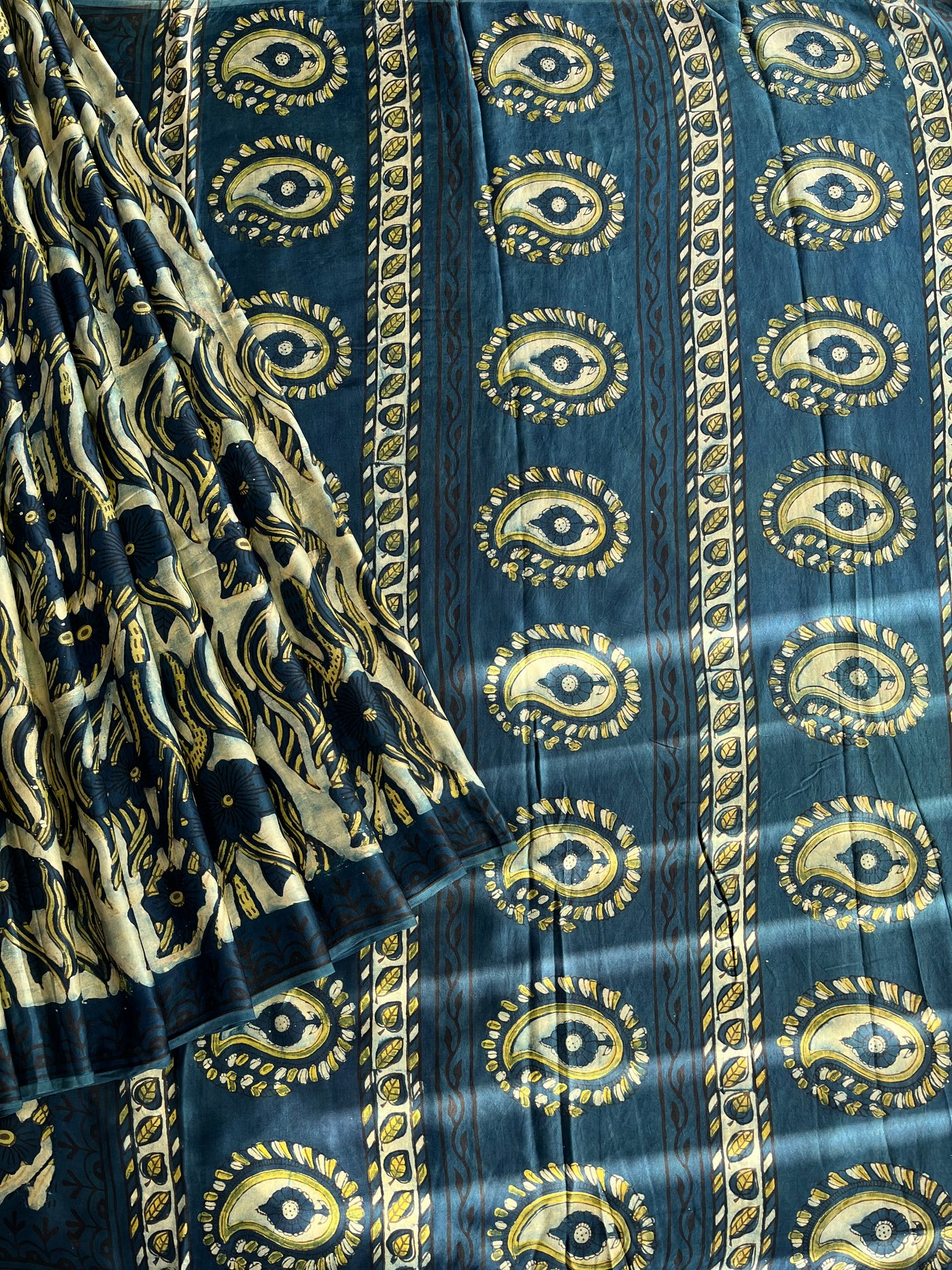 NAINA: HANDBLOCK BAGRU PRINTED ICE BLUE MODAL SILK SAREE