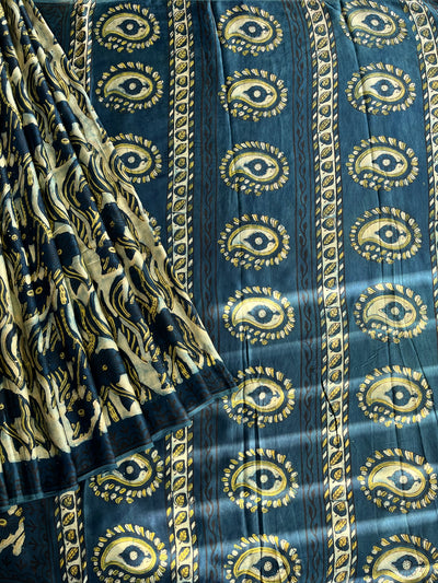 NAINA: HANDBLOCK BAGRU PRINTED ICE BLUE MODAL SILK SAREE