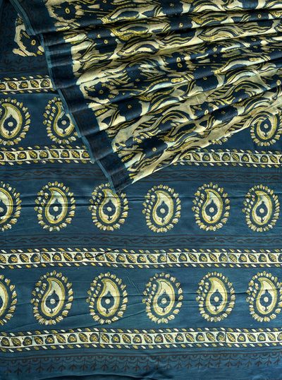 NAINA: HANDBLOCK BAGRU PRINTED ICE BLUE MODAL SILK SAREE