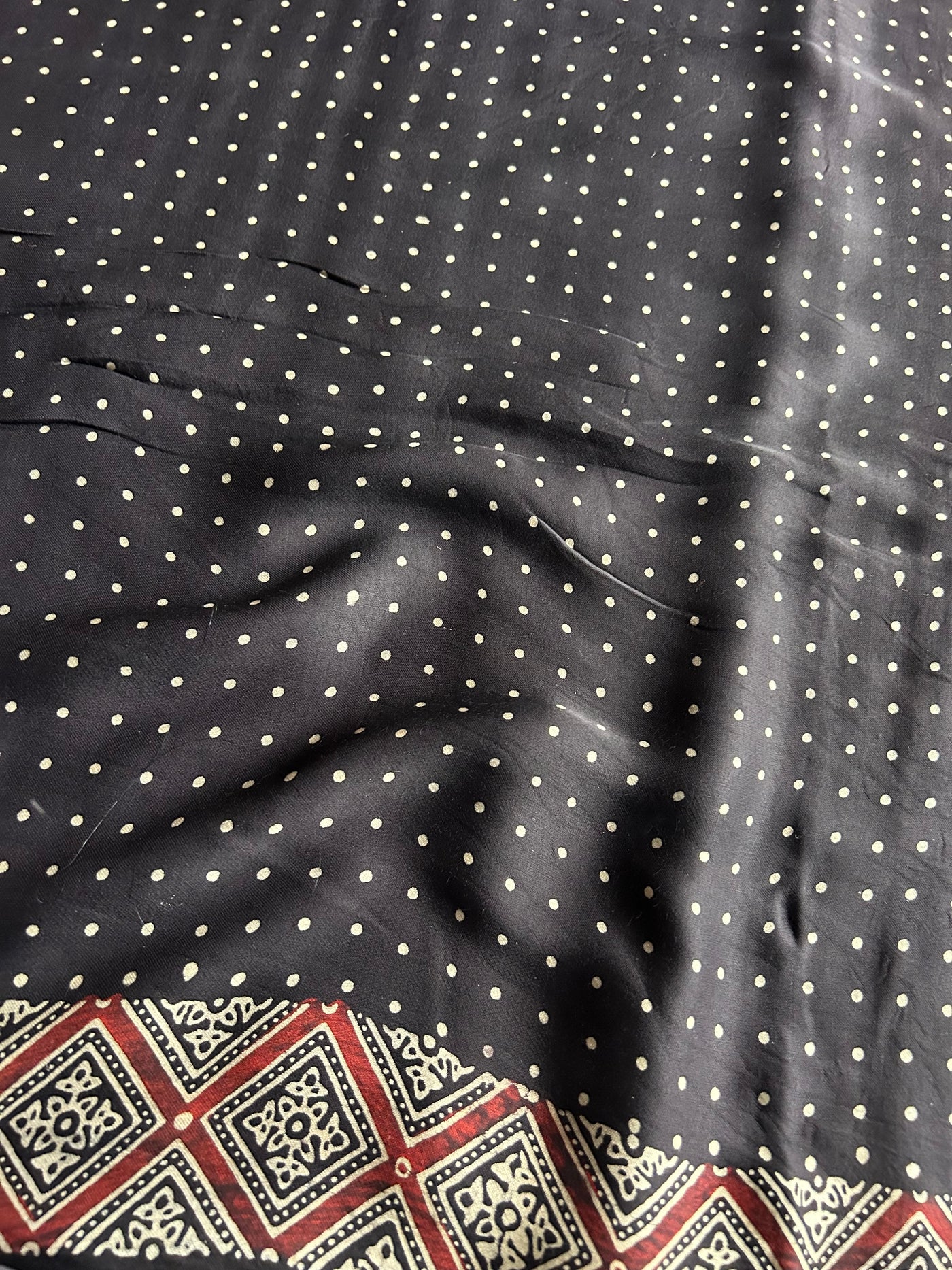 Black Polka Handblock Printed Ajrakh Modal Silk Fabric