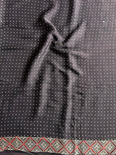 Black Polka Handblock Printed Ajrakh Modal Silk Fabric