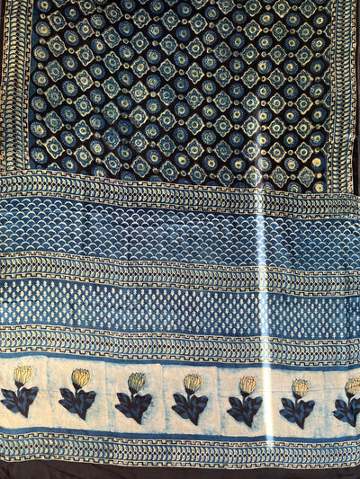 Roshan:MARIGOLD,HANDBLOCK PRINTED DABU MODAL SILK SAREE