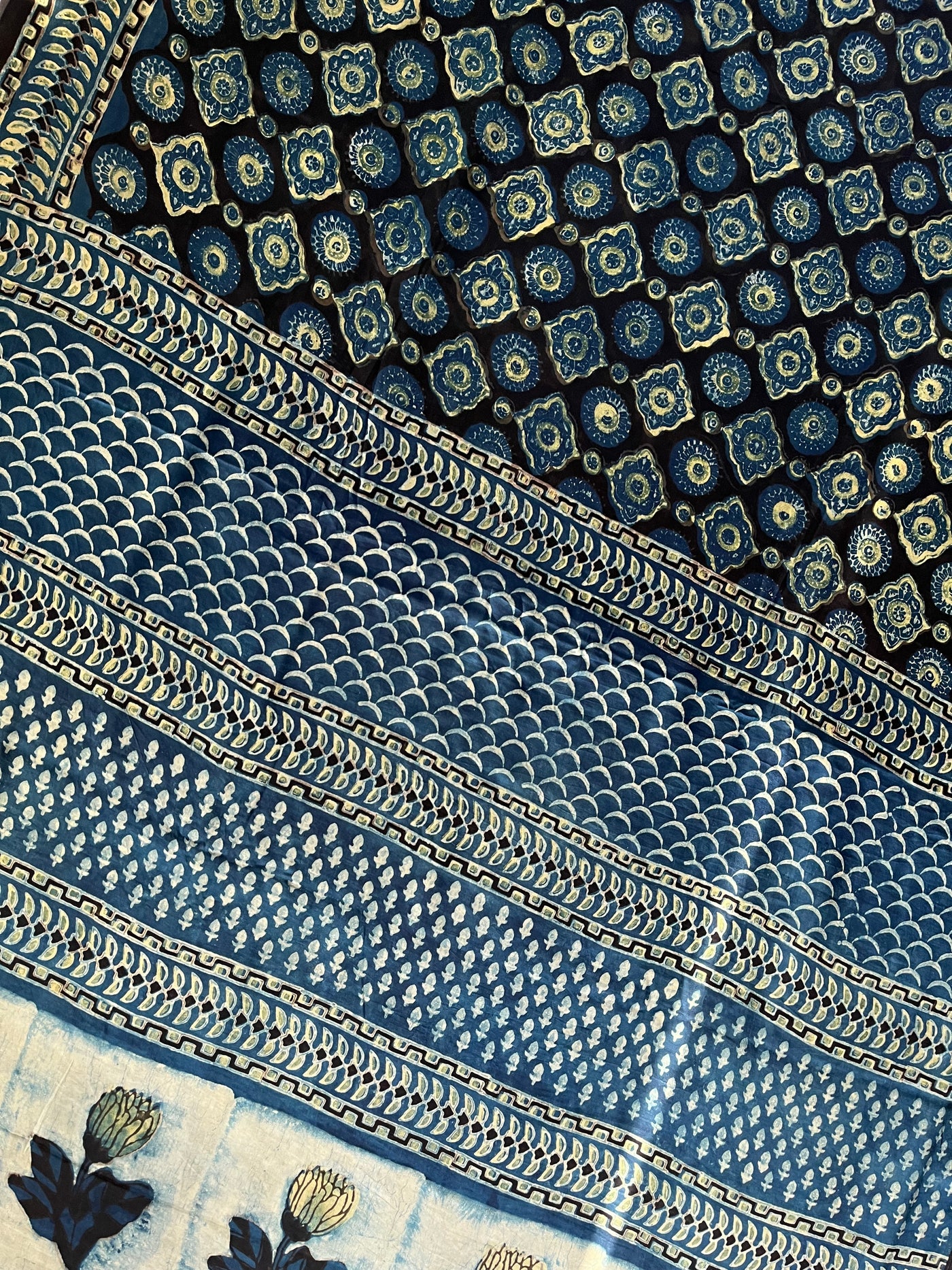 Roshan:MARIGOLD,HANDBLOCK PRINTED DABU MODAL SILK SAREE
