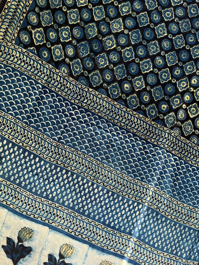 Roshan:MARIGOLD,HANDBLOCK PRINTED DABU MODAL SILK SAREE