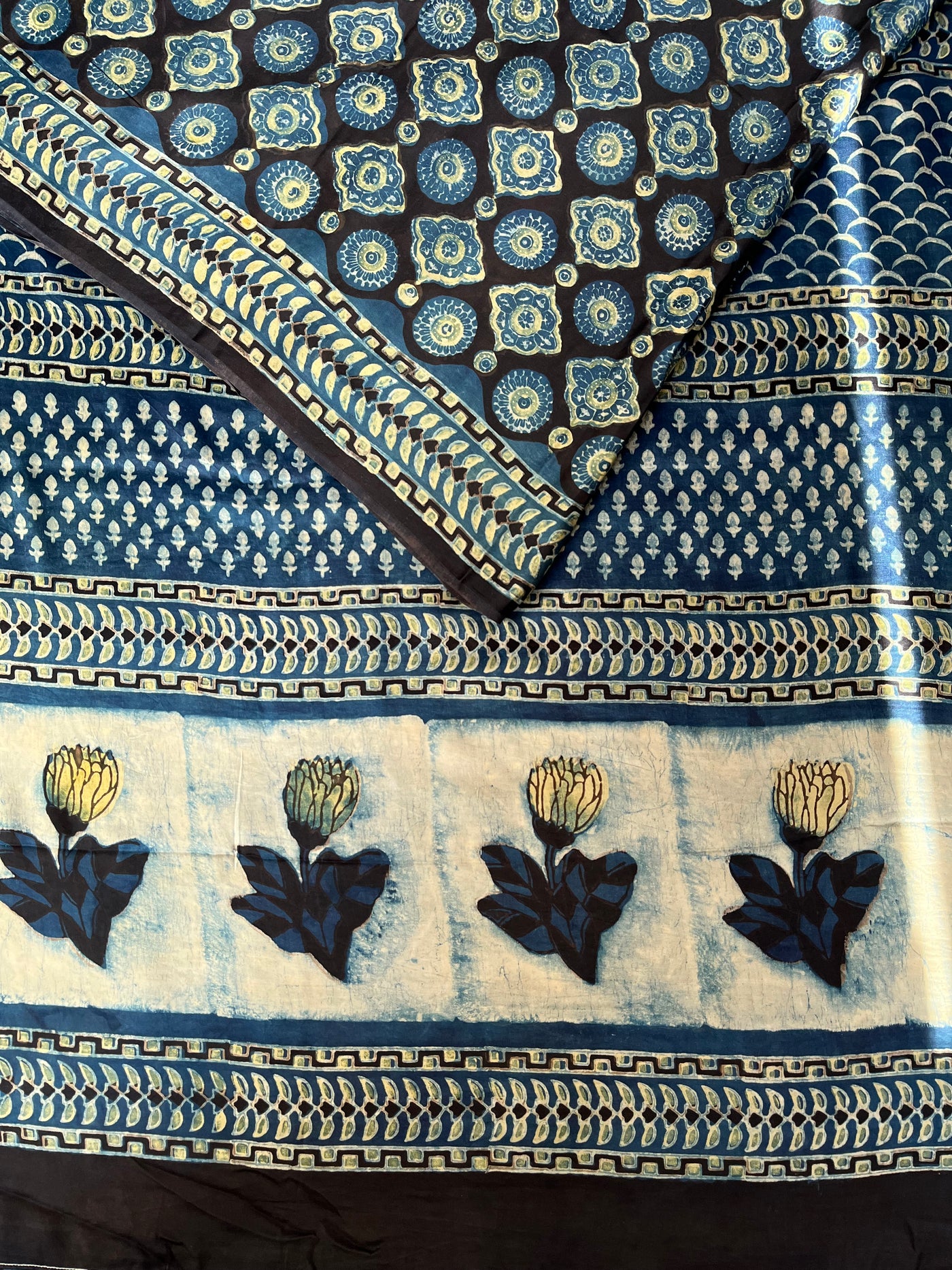 Roshan:MARIGOLD,HANDBLOCK PRINTED DABU MODAL SILK SAREE