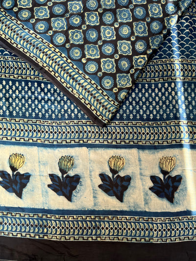 Roshan:MARIGOLD,HANDBLOCK PRINTED DABU MODAL SILK SAREE