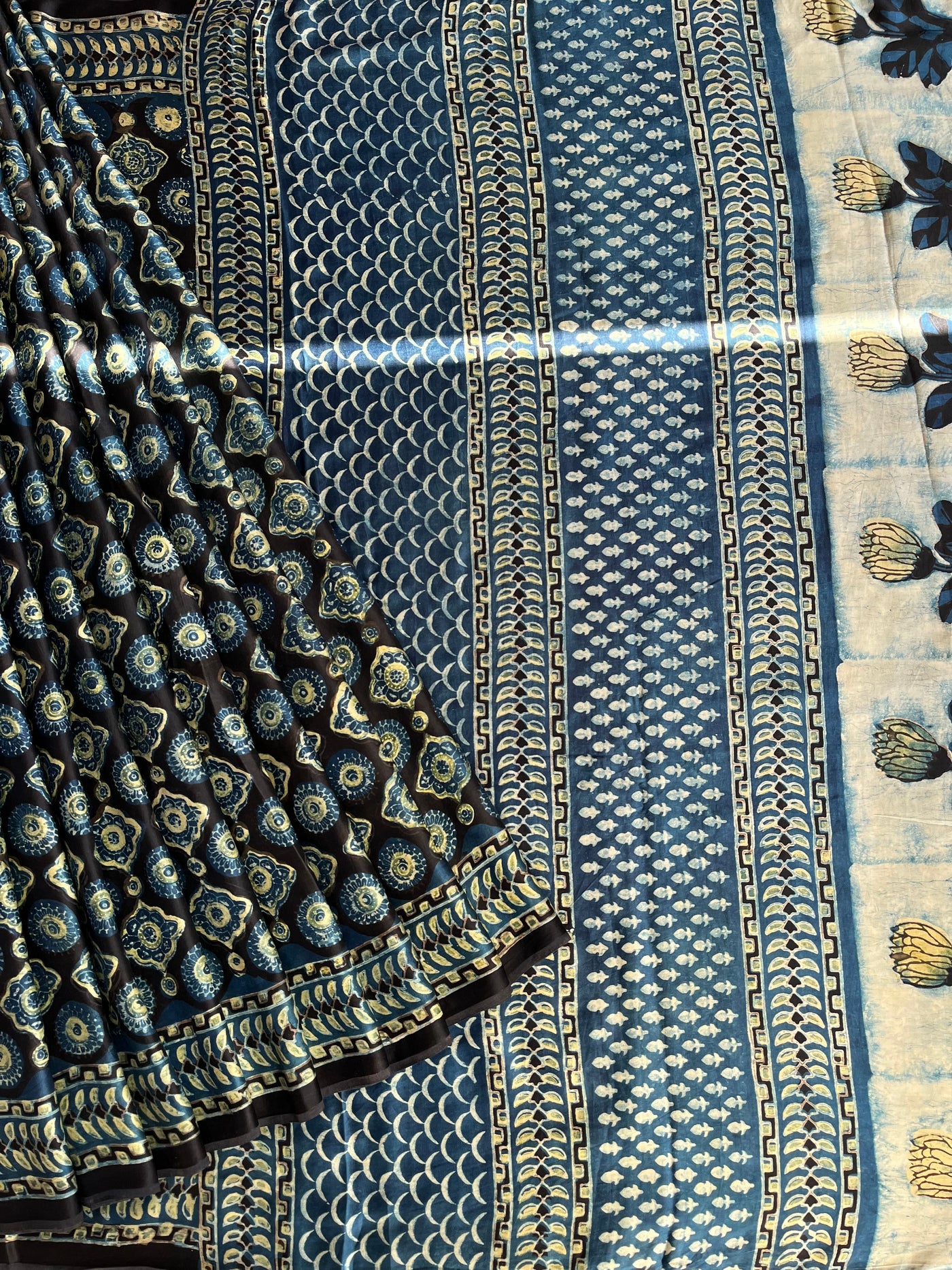 Roshan:MARIGOLD,HANDBLOCK PRINTED DABU MODAL SILK SAREE