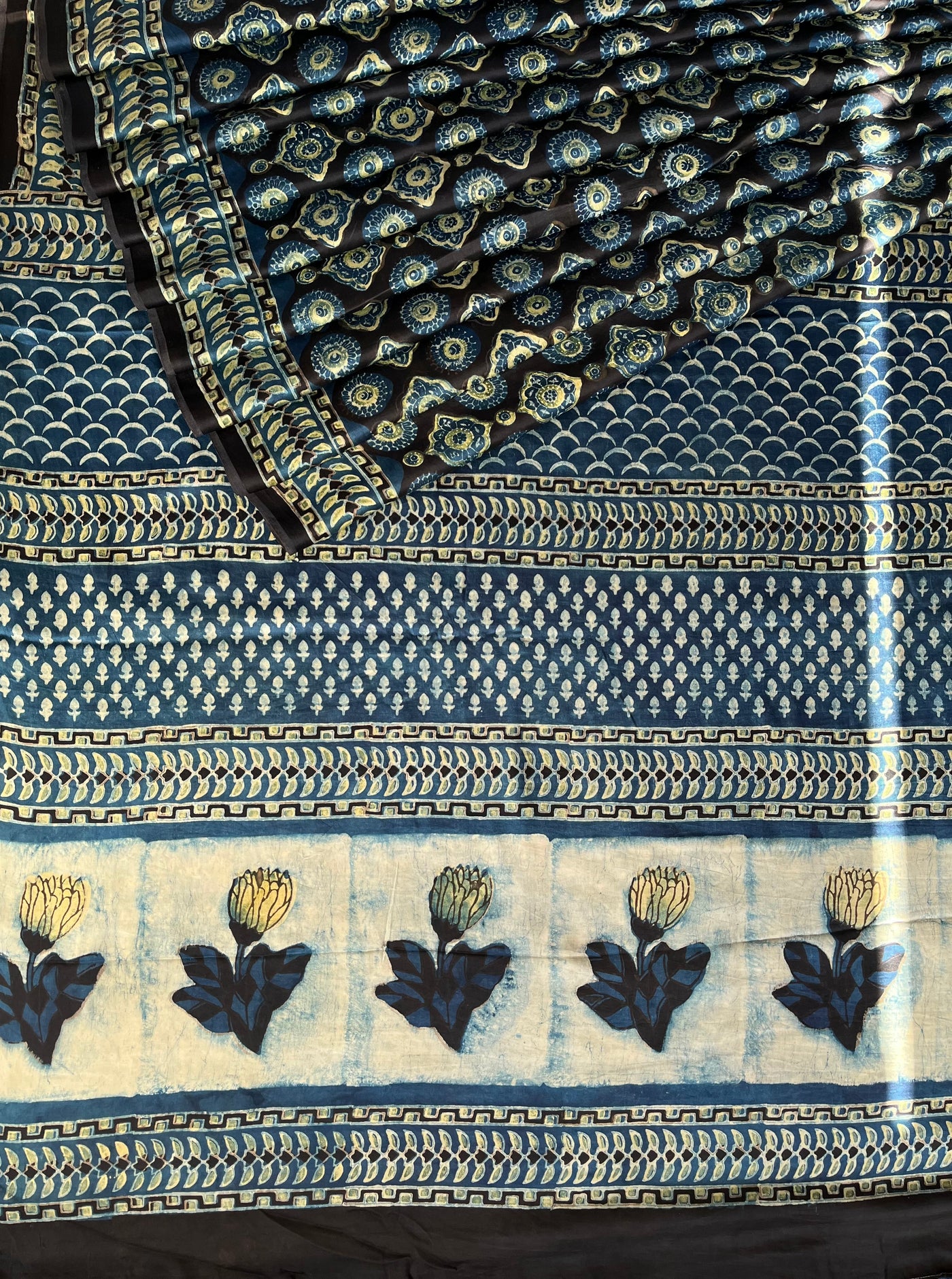 Roshan:MARIGOLD,HANDBLOCK PRINTED DABU MODAL SILK SAREE