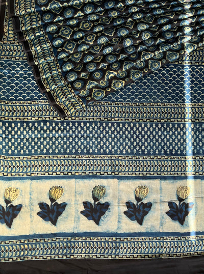 Roshan:MARIGOLD,HANDBLOCK PRINTED DABU MODAL SILK SAREE
