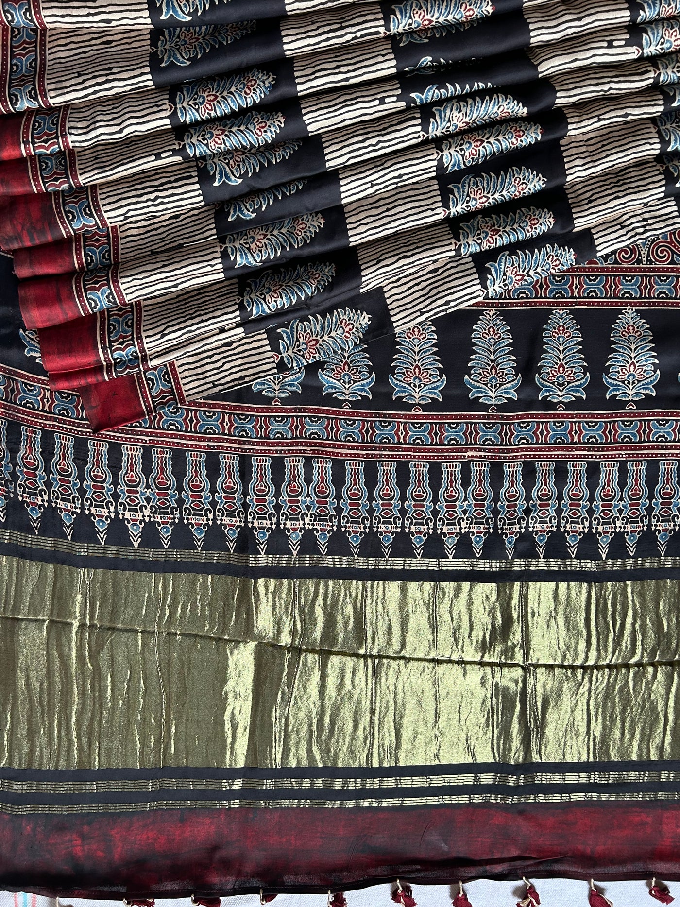 GANGA: Handblock Modal Silk Tissue Ajrakh Saree