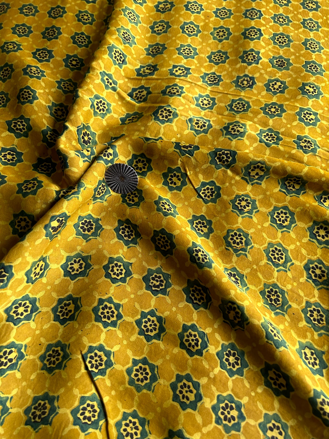 Yellow Star Handblock Printed Ajrakh Modal Silk Fabric