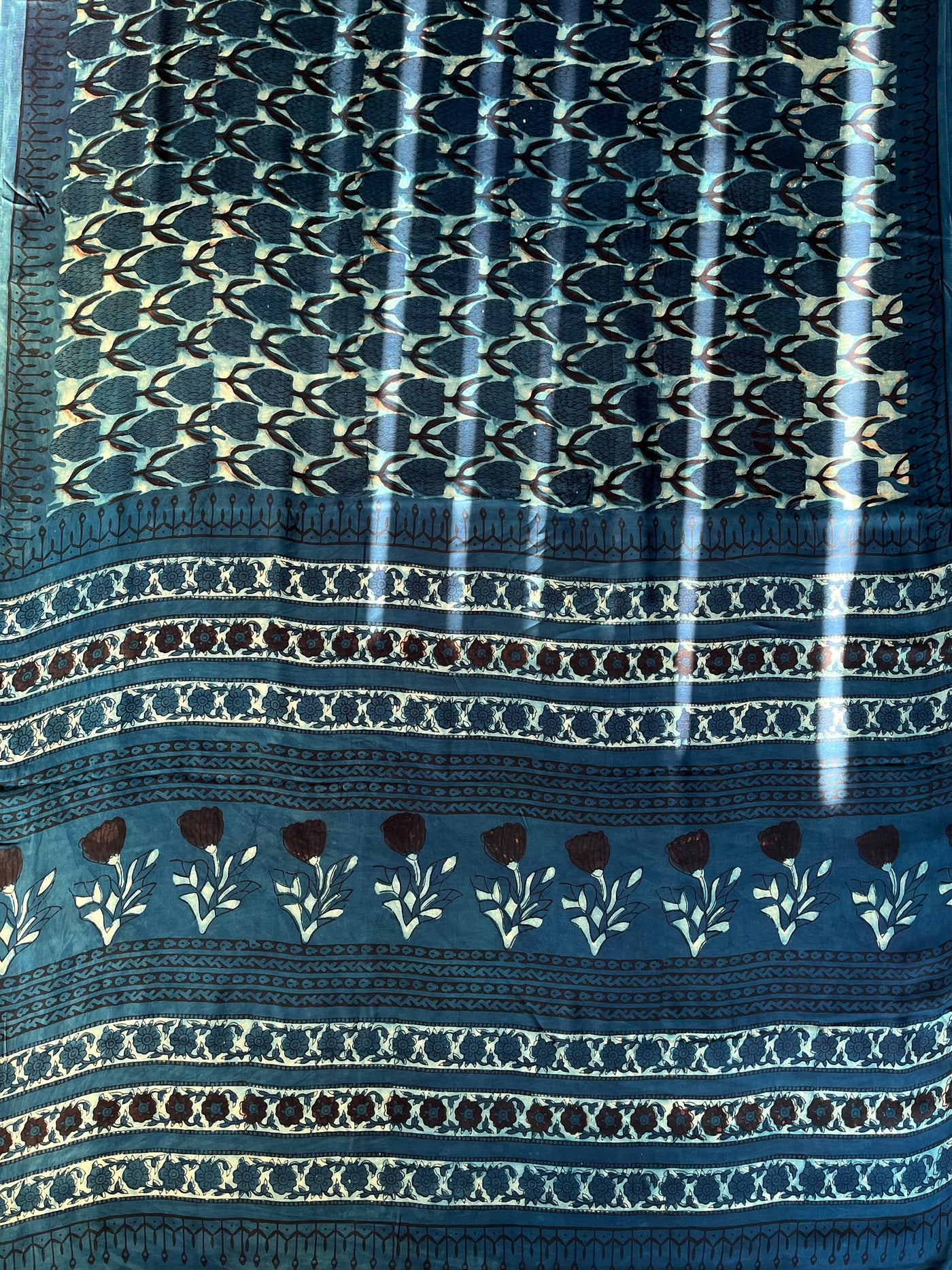 Kratika: HANDBLOCK BAGRU PRINTED ICE BLUE MODAL SILK SAREE