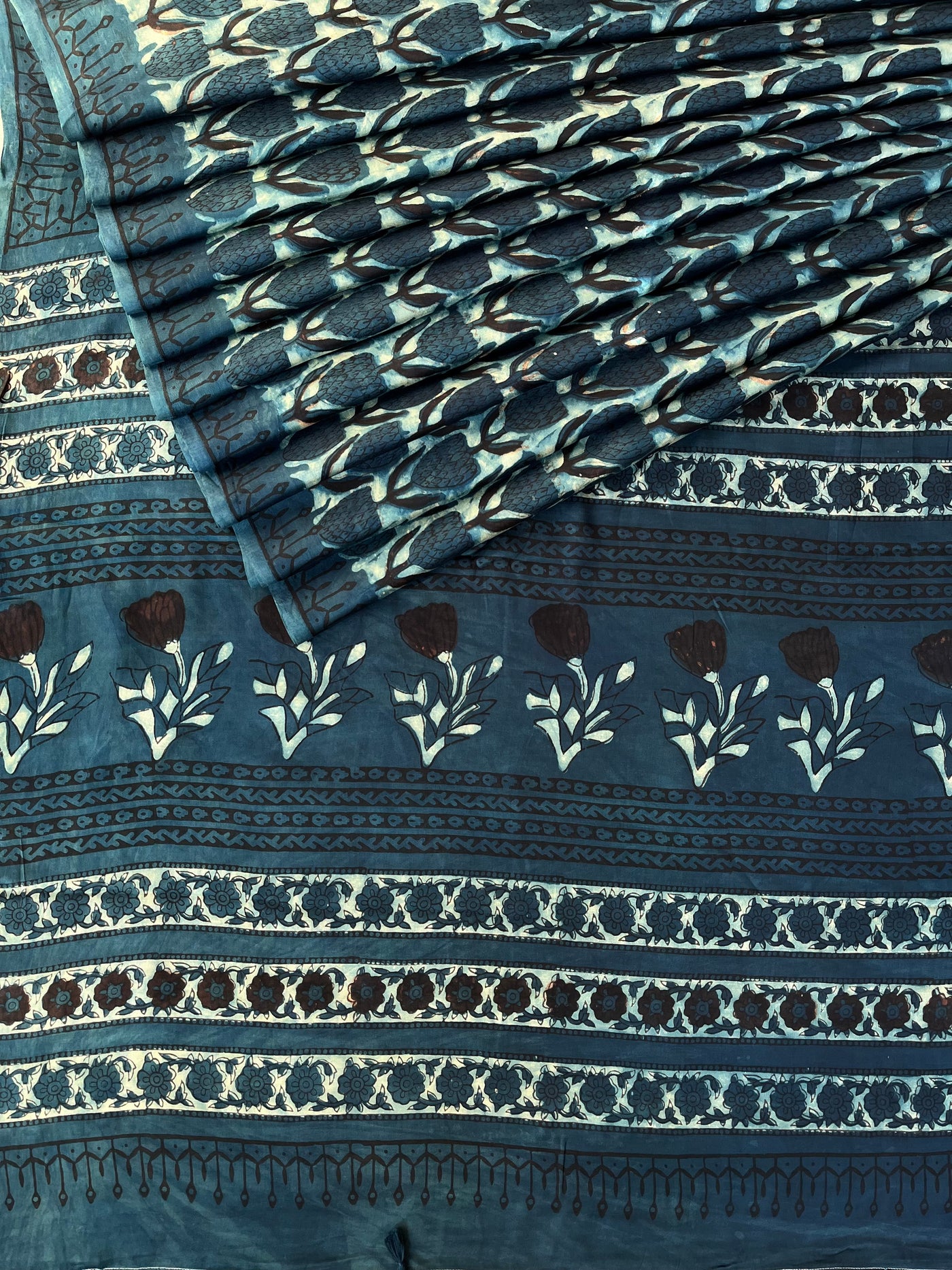 Kratika: HANDBLOCK BAGRU PRINTED ICE BLUE MODAL SILK SAREE