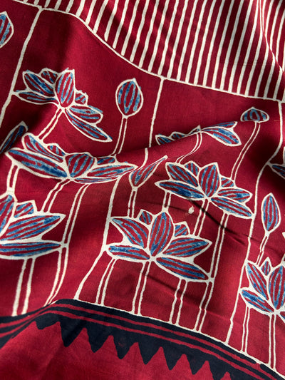 Red Lotus  Handblock Printed Ajrakh Modal Silk Fabric