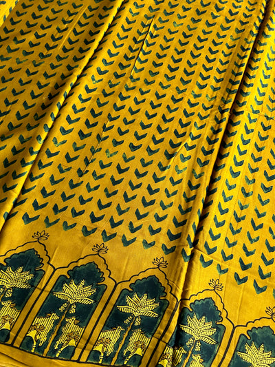 Yellow Surabhi Handblock Printed Ajrakh Modal Silk Fabric