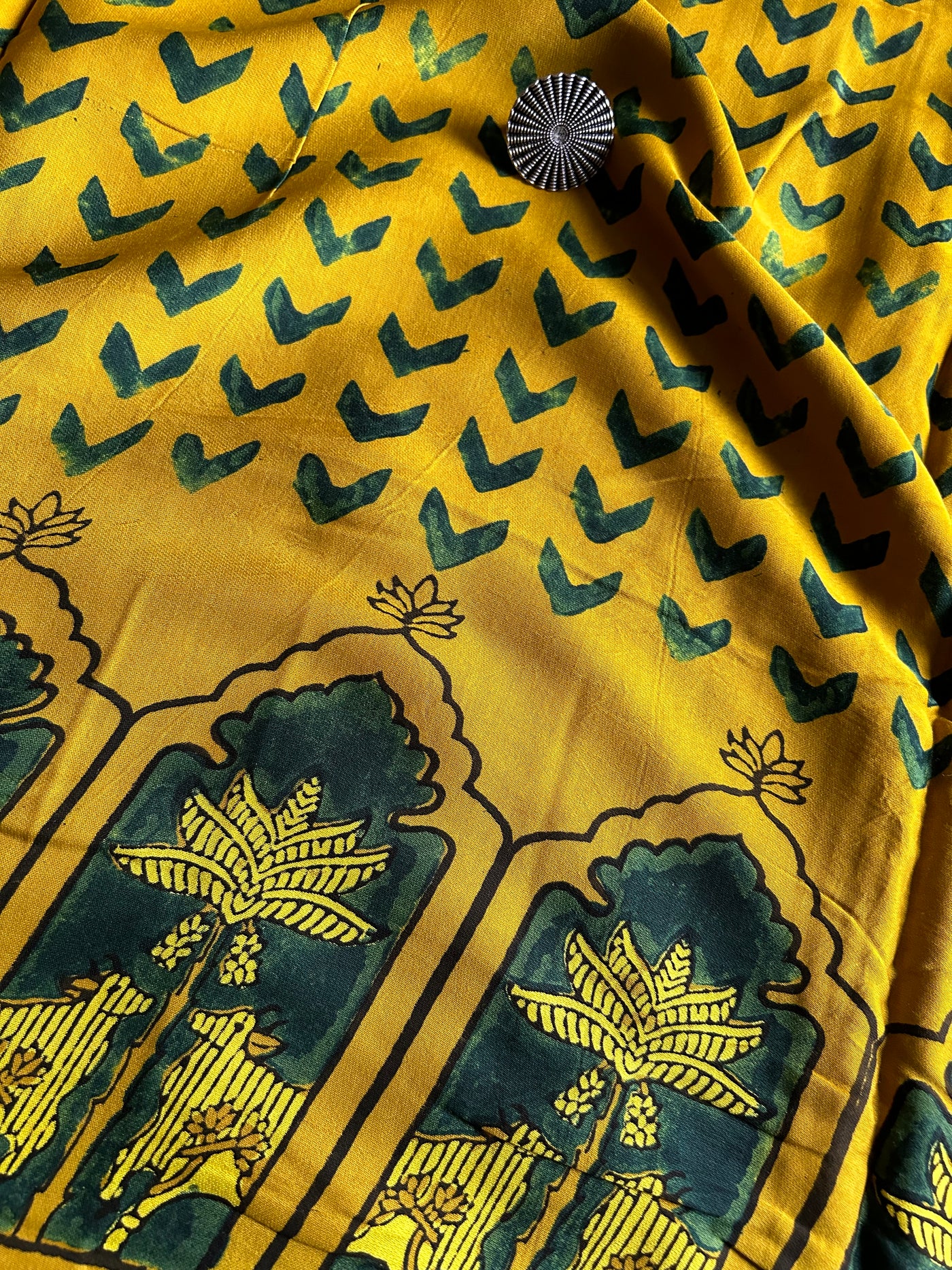 Yellow Surabhi Handblock Printed Ajrakh Modal Silk Fabric