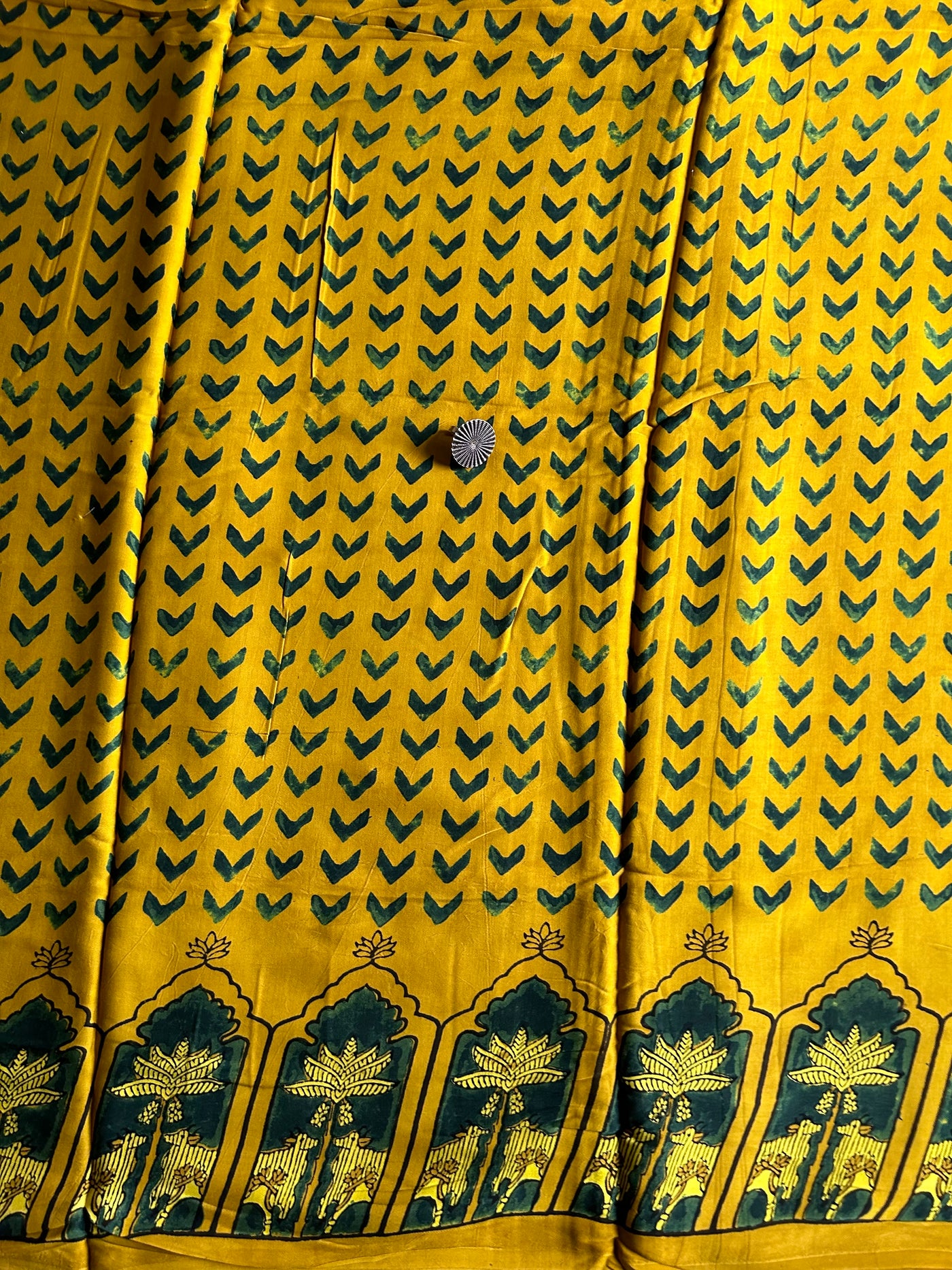 Yellow Surabhi Handblock Printed Ajrakh Modal Silk Fabric