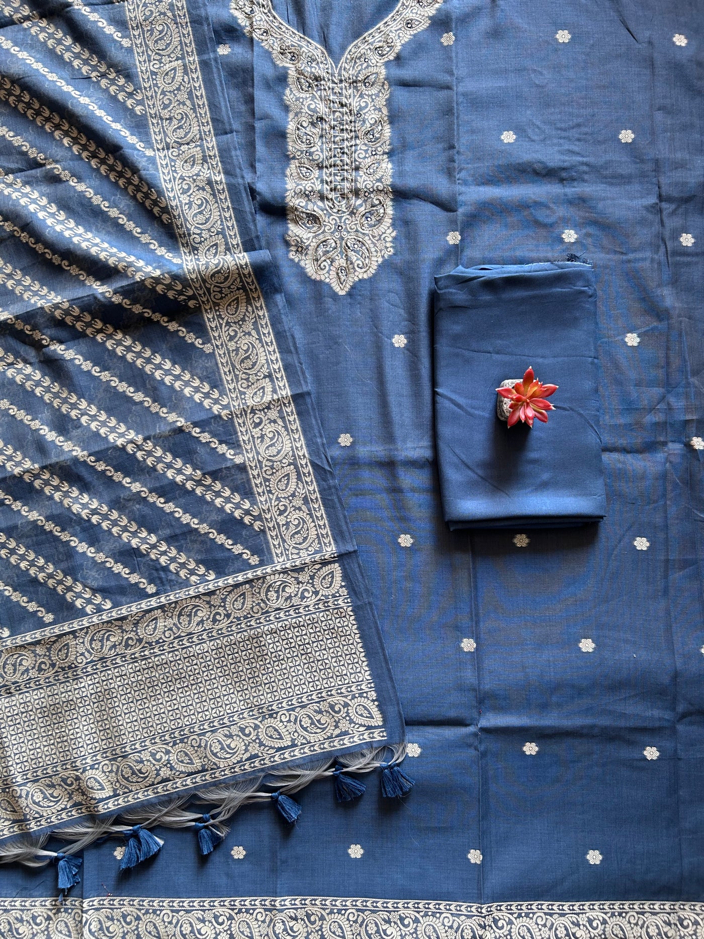 MIRZYA: INDIGO,BENGAL JAMDANI INSPIRED MUSLIN SILK 3 PIECE SUIT SET