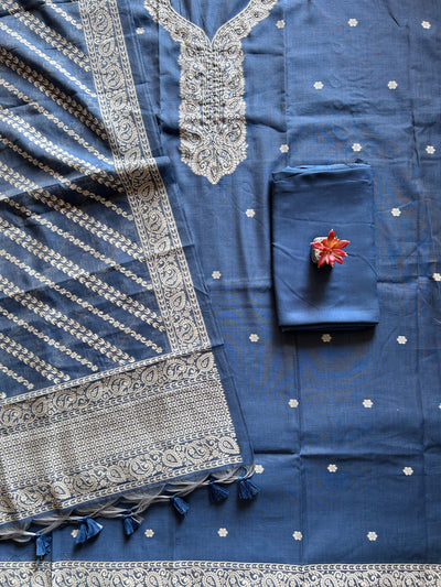 MIRZYA: INDIGO,BENGAL JAMDANI INSPIRED MUSLIN SILK 3 PIECE SUIT SET