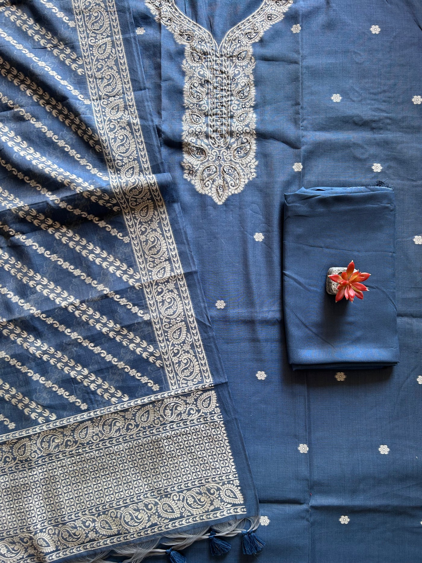 MIRZYA: INDIGO,BENGAL JAMDANI INSPIRED MUSLIN SILK 3 PIECE SUIT SET