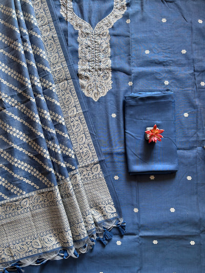 MIRZYA: INDIGO,BENGAL JAMDANI INSPIRED MUSLIN SILK 3 PIECE SUIT SET