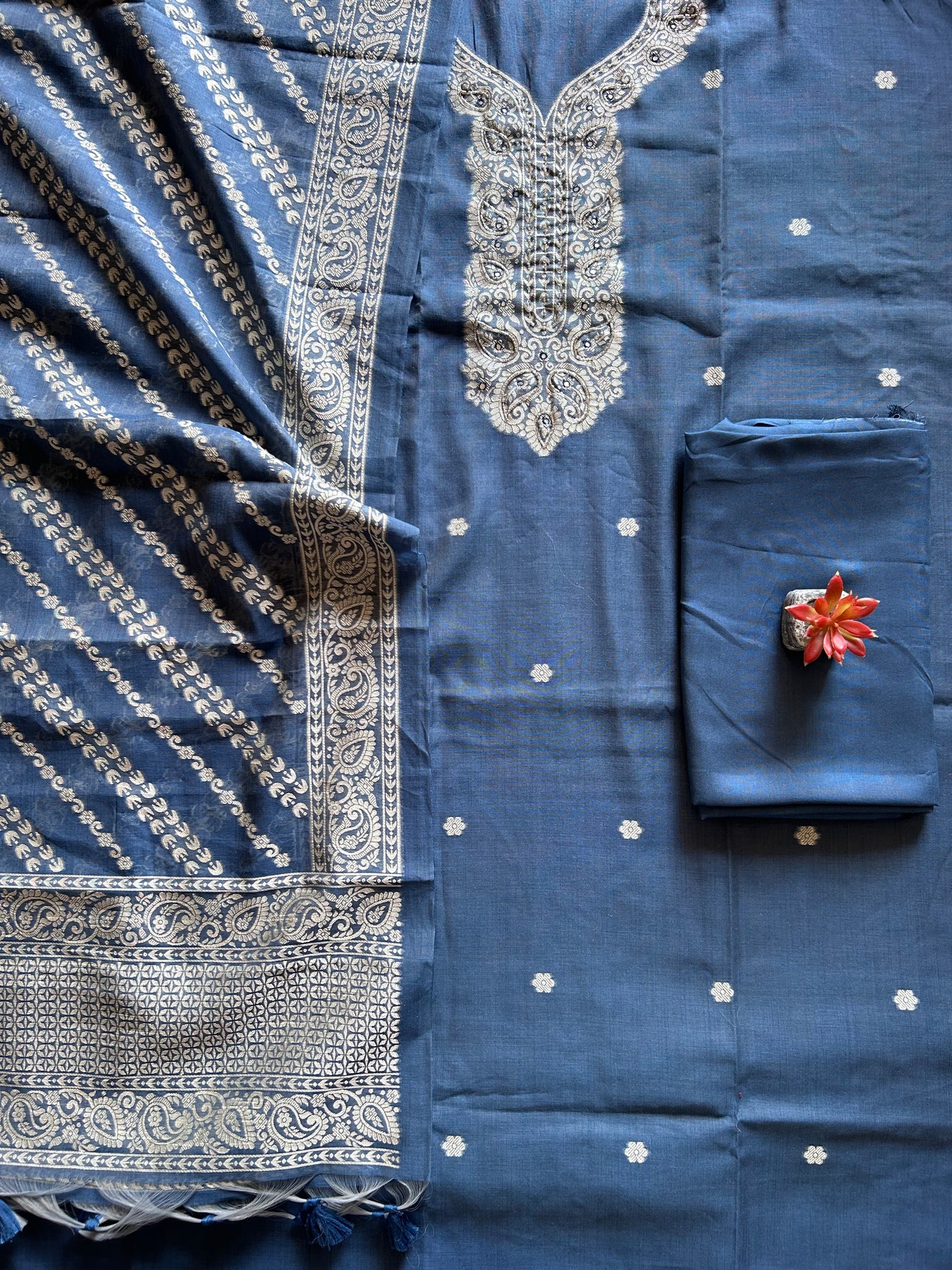 MIRZYA: INDIGO,BENGAL JAMDANI INSPIRED MUSLIN SILK 3 PIECE SUIT SET