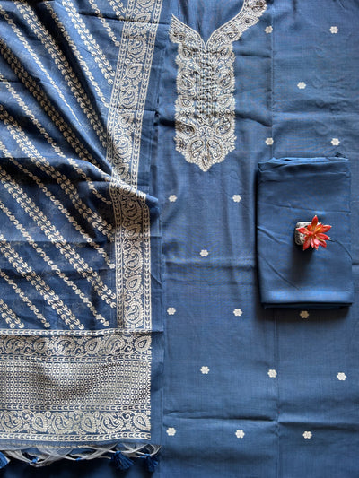 MIRZYA: INDIGO,BENGAL JAMDANI INSPIRED MUSLIN SILK 3 PIECE SUIT SET