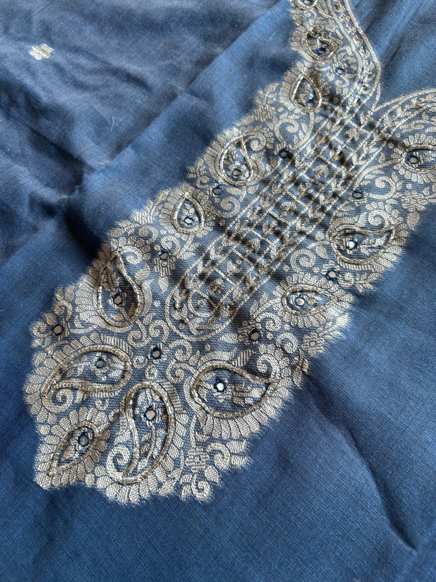 MIRZYA: INDIGO,BENGAL JAMDANI INSPIRED MUSLIN SILK 3 PIECE SUIT SET