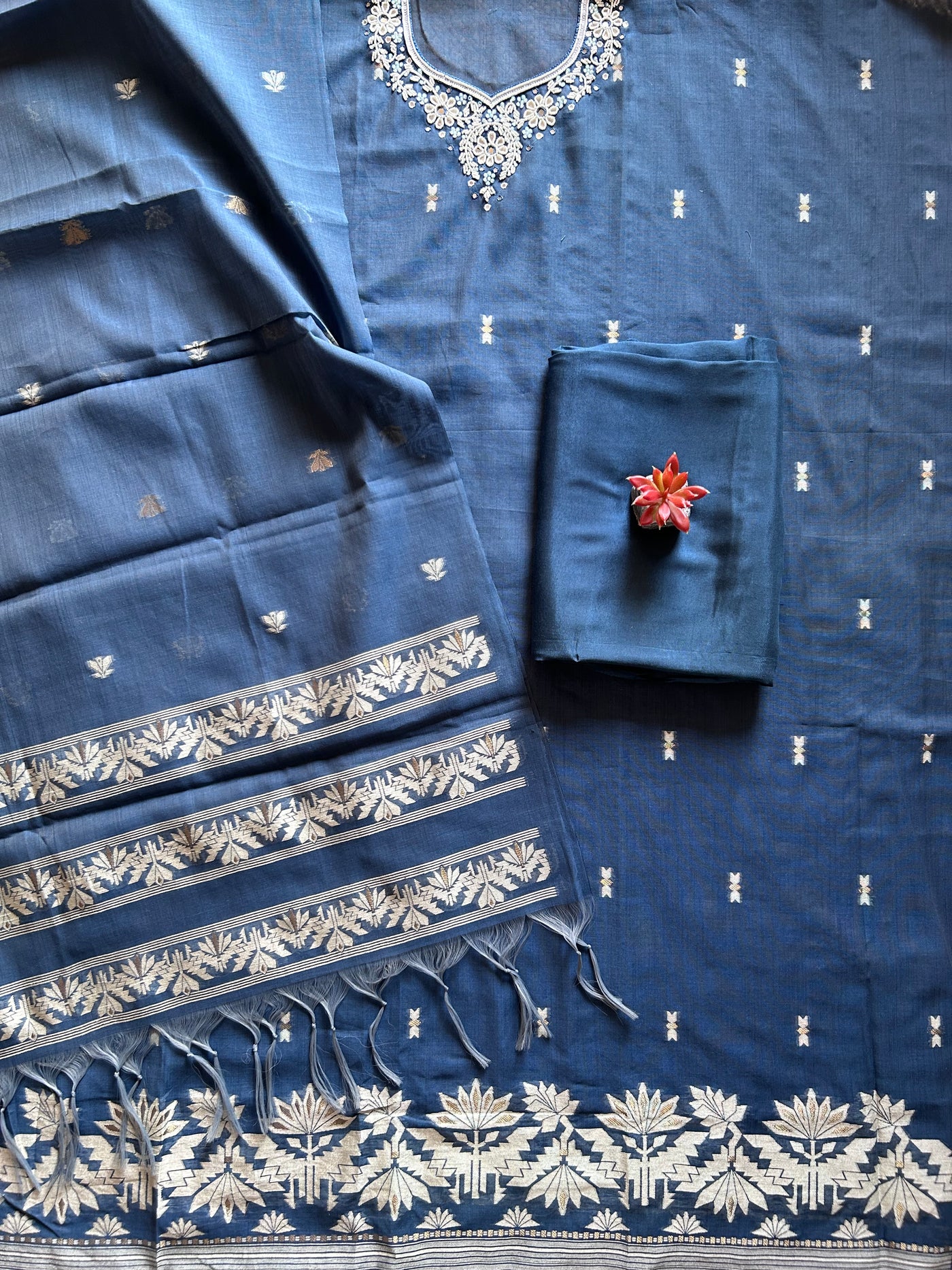 NEEL: INDIGO,BENGAL JAMDANI INSPIRED MUSLIN SILK 3 PIECE SUIT SET WITH NECK WORK.
