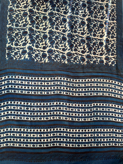 Kafile: HANDBLOCK BAGRU PRINTED ICE BLUE MODAL SILK SAREE