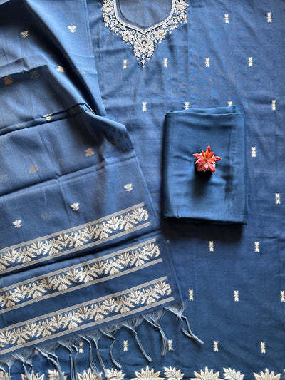 NEEL: INDIGO,BENGAL JAMDANI INSPIRED MUSLIN SILK 3 PIECE SUIT SET WITH NECK WORK.