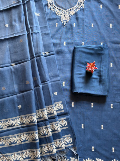 NEEL: INDIGO,BENGAL JAMDANI INSPIRED MUSLIN SILK 3 PIECE SUIT SET WITH NECK WORK.