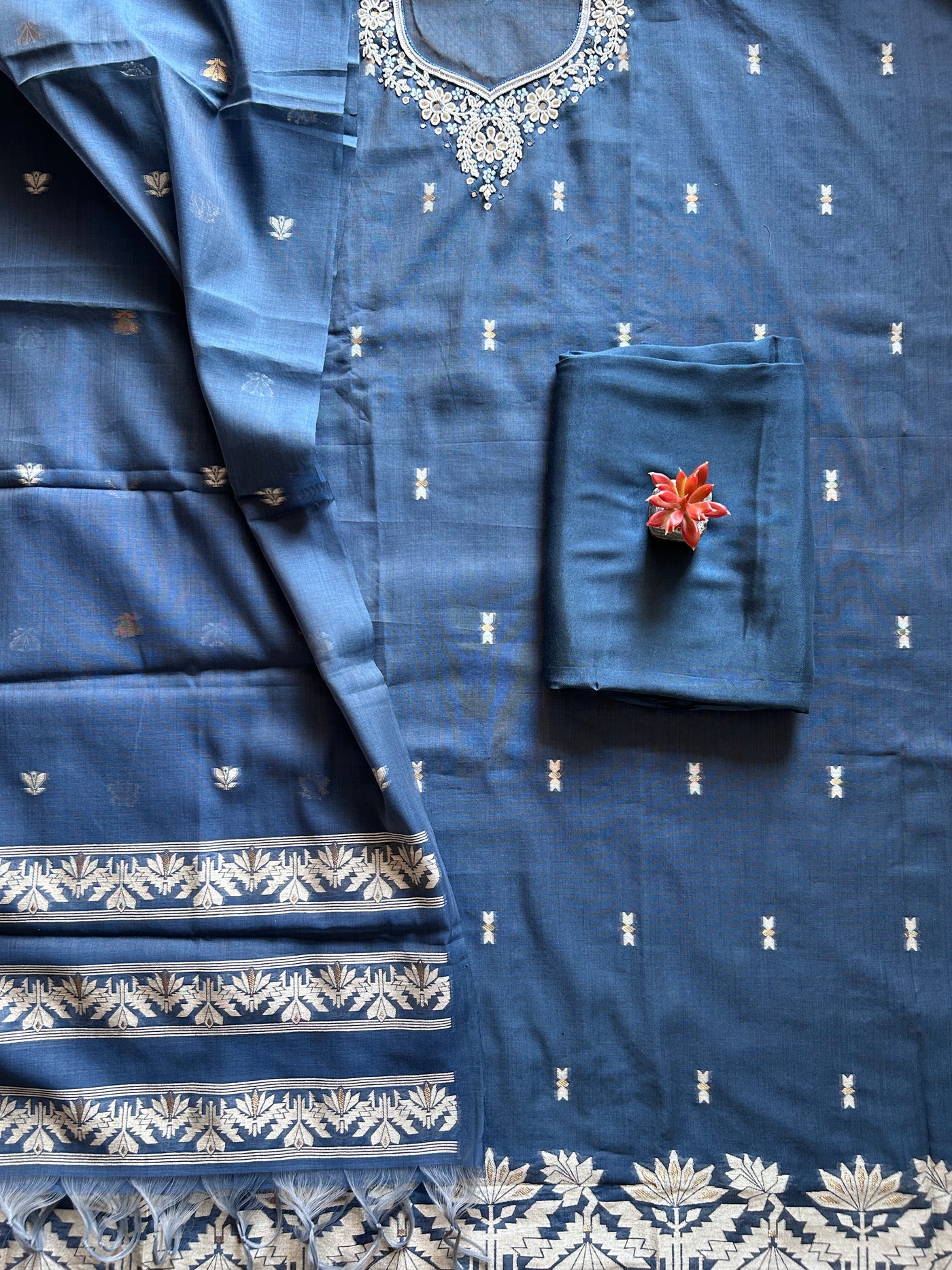 NEEL: INDIGO,BENGAL JAMDANI INSPIRED MUSLIN SILK 3 PIECE SUIT SET WITH NECK WORK.