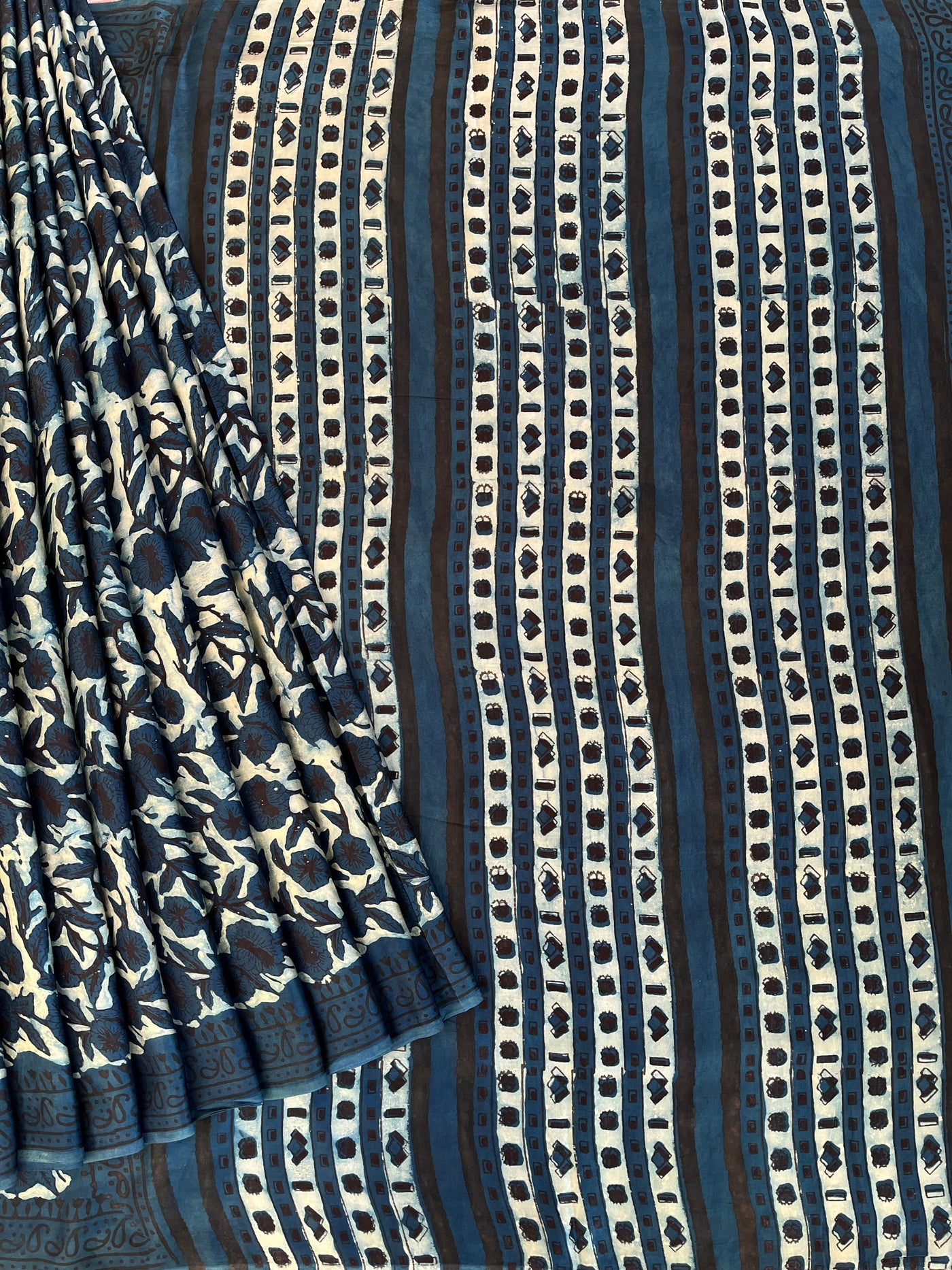 Kafile: HANDBLOCK BAGRU PRINTED ICE BLUE MODAL SILK SAREE