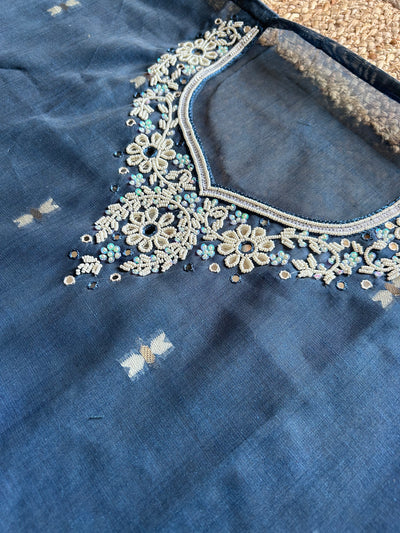 NEEL: INDIGO,BENGAL JAMDANI INSPIRED MUSLIN SILK 3 PIECE SUIT SET WITH NECK WORK.