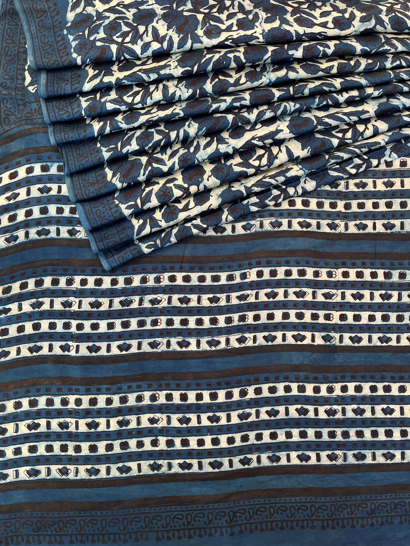Kafile: HANDBLOCK BAGRU PRINTED ICE BLUE MODAL SILK SAREE