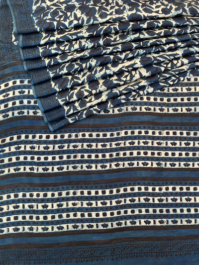 Kafile: HANDBLOCK BAGRU PRINTED ICE BLUE MODAL SILK SAREE