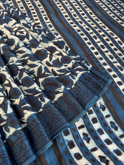 Kafile: HANDBLOCK BAGRU PRINTED ICE BLUE MODAL SILK SAREE
