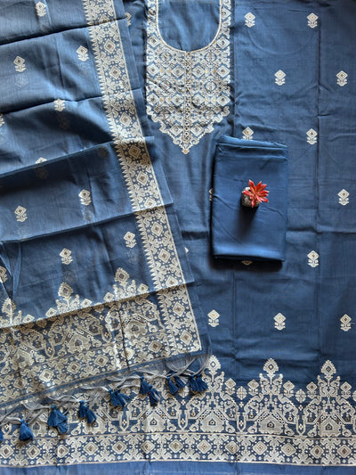 KADAMB: INDIGO,BENGAL JAMDANI INSPIRED MUSLIN SILK 3 PIECE SUIT SET