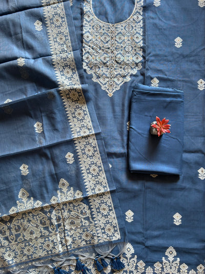 KADAMB: INDIGO,BENGAL JAMDANI INSPIRED MUSLIN SILK 3 PIECE SUIT SET