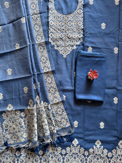 KADAMB: INDIGO,BENGAL JAMDANI INSPIRED MUSLIN SILK 3 PIECE SUIT SET