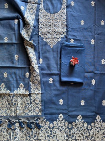 KADAMB: INDIGO,BENGAL JAMDANI INSPIRED MUSLIN SILK 3 PIECE SUIT SET