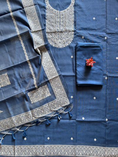 BLUE MELODY: INDIGO,BENGAL JAMDANI INSPIRED MUSLIN SILK 3 PIECE SUIT SET