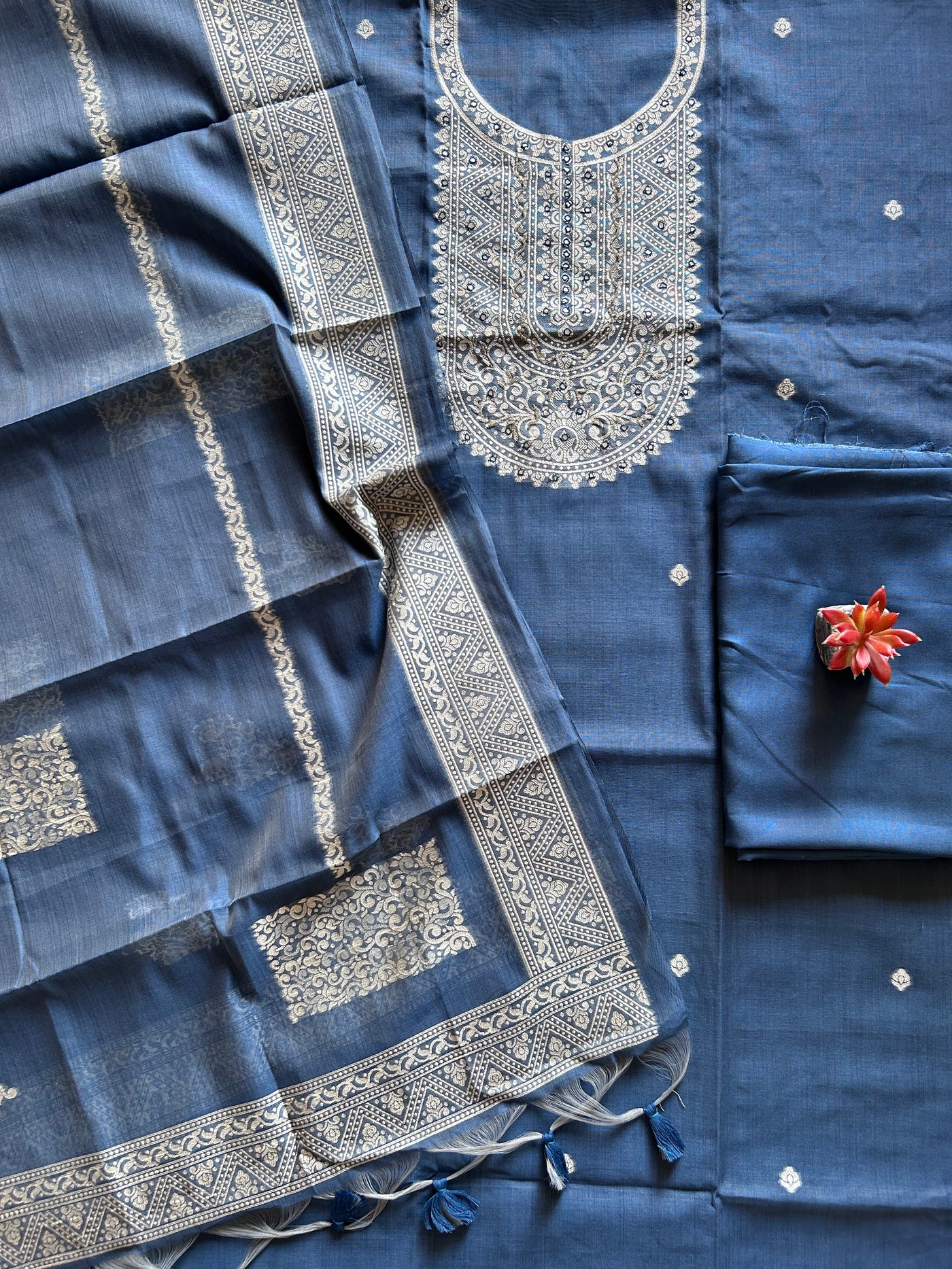 BLUE MELODY: INDIGO,BENGAL JAMDANI INSPIRED MUSLIN SILK 3 PIECE SUIT SET