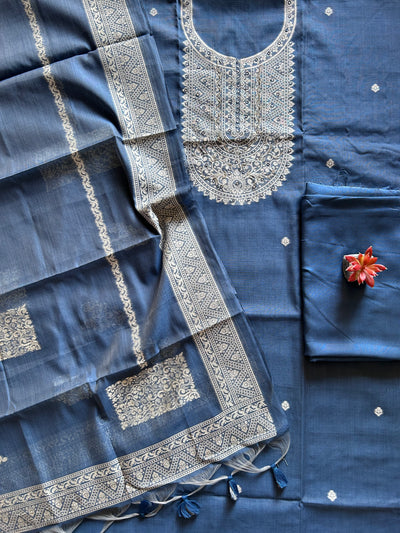 BLUE MELODY: INDIGO,BENGAL JAMDANI INSPIRED MUSLIN SILK 3 PIECE SUIT SET