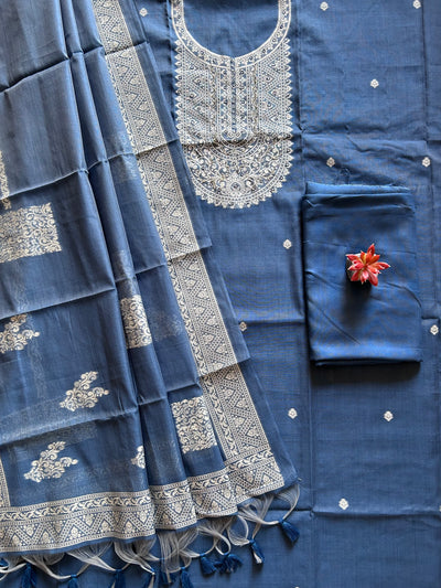 BLUE MELODY: INDIGO,BENGAL JAMDANI INSPIRED MUSLIN SILK 3 PIECE SUIT SET