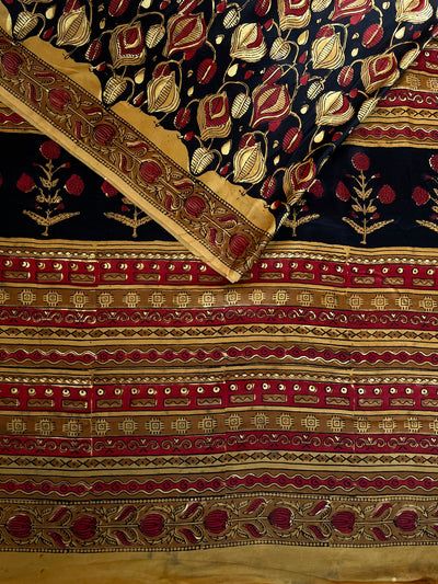 Himani: HANDBLOCK BAGRU PRINTED ICE BLUE MODAL SILK SAREE